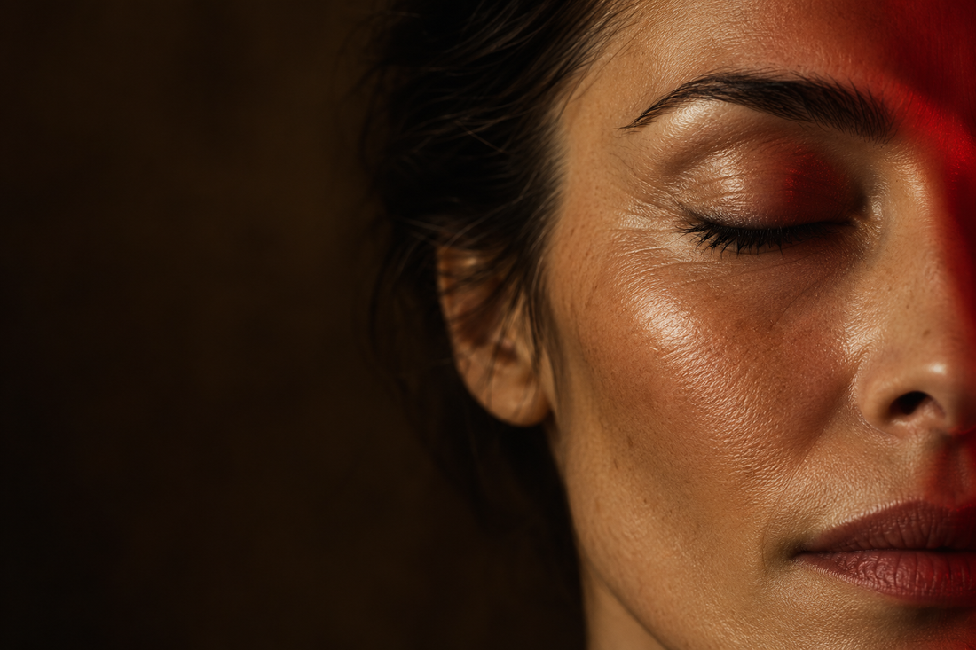 Primer plano de la piel del rostro de una mujer de unos 45 años iluminada por luz roja suave