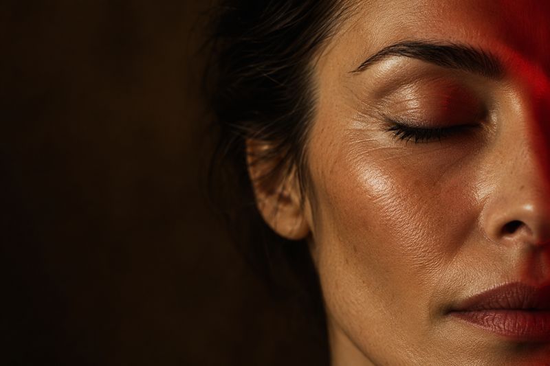 Primer plano de la piel del rostro de una mujer de unos 45 años iluminada por luz roja suave