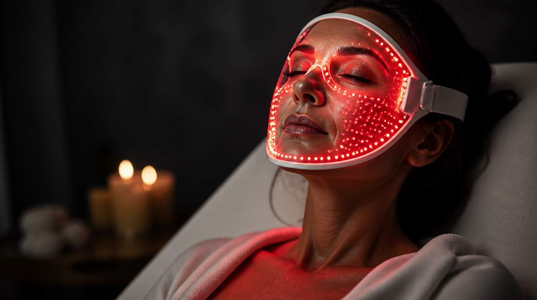 Mujer usando la máscara de luz roja AuraLed en un ritual de cuidado facial