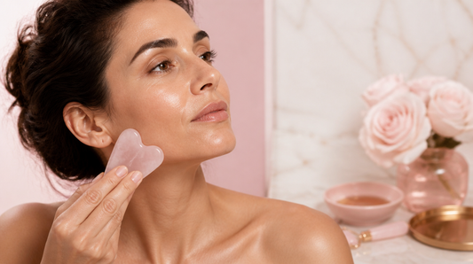 Gua sha de cuarzo rosa RoseFlow esculpiendo el rostro