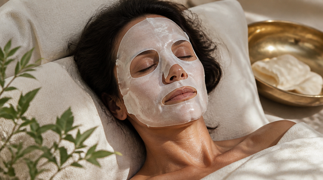 Mujer relajada con mascarilla facial CollagenMask
