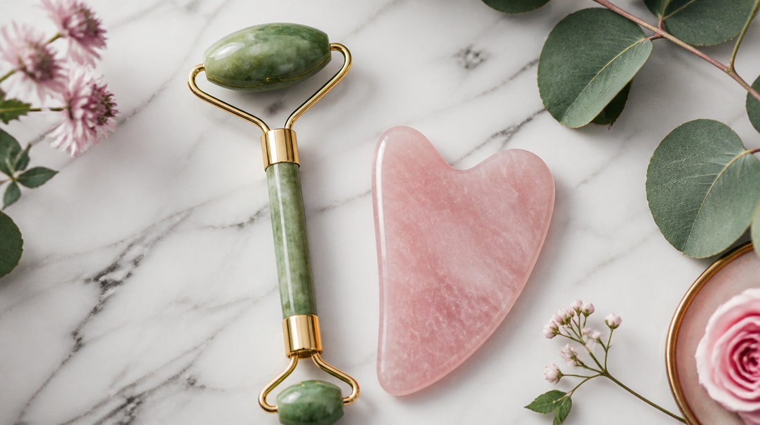 Rodillo de jade y gua sha de cuarzo rosa comparados