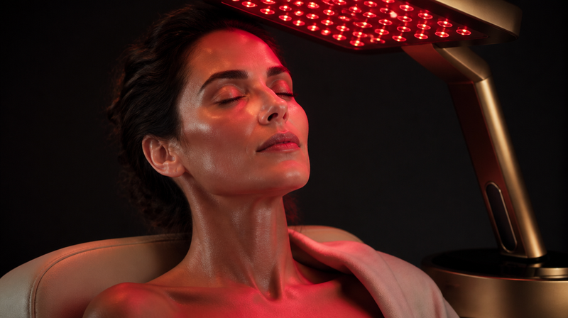 Terapia de luz roja facial sobre piel luminosa